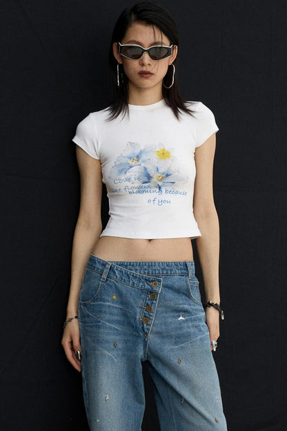 Retro Black Floral Crop T-Shirt