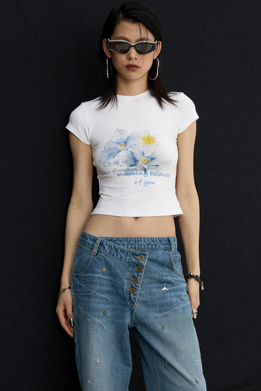 Retro Black Floral Crop T-Shirt