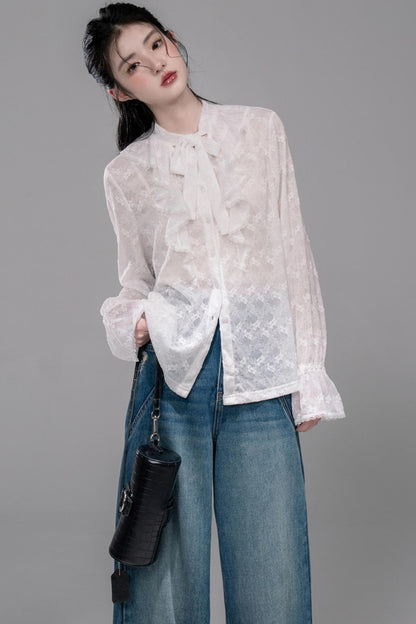 White Cloud Gauze Ruffled Shirt Set-Up