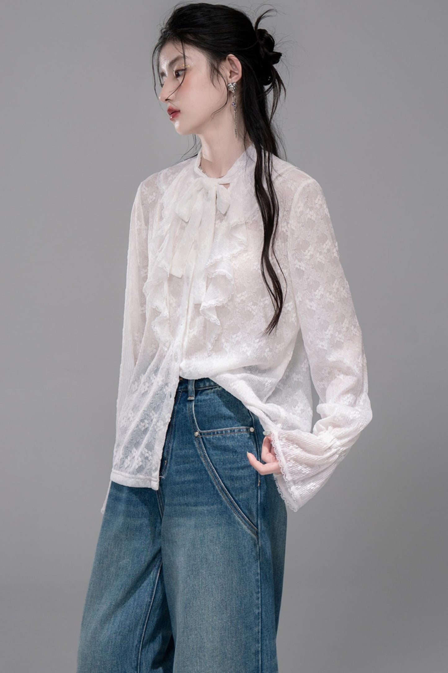 White Cloud Gauze Ruffled Shirt Set-Up