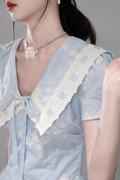 Leisurely Blue Lace Short Sleeve Dress