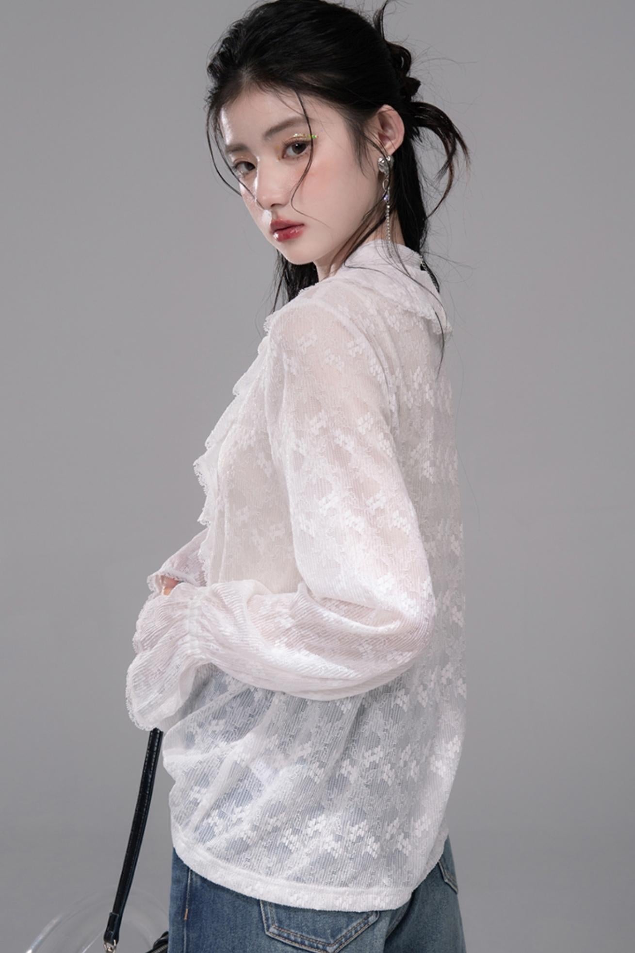 White Cloud Gauze Ruffled Shirt Set-Up