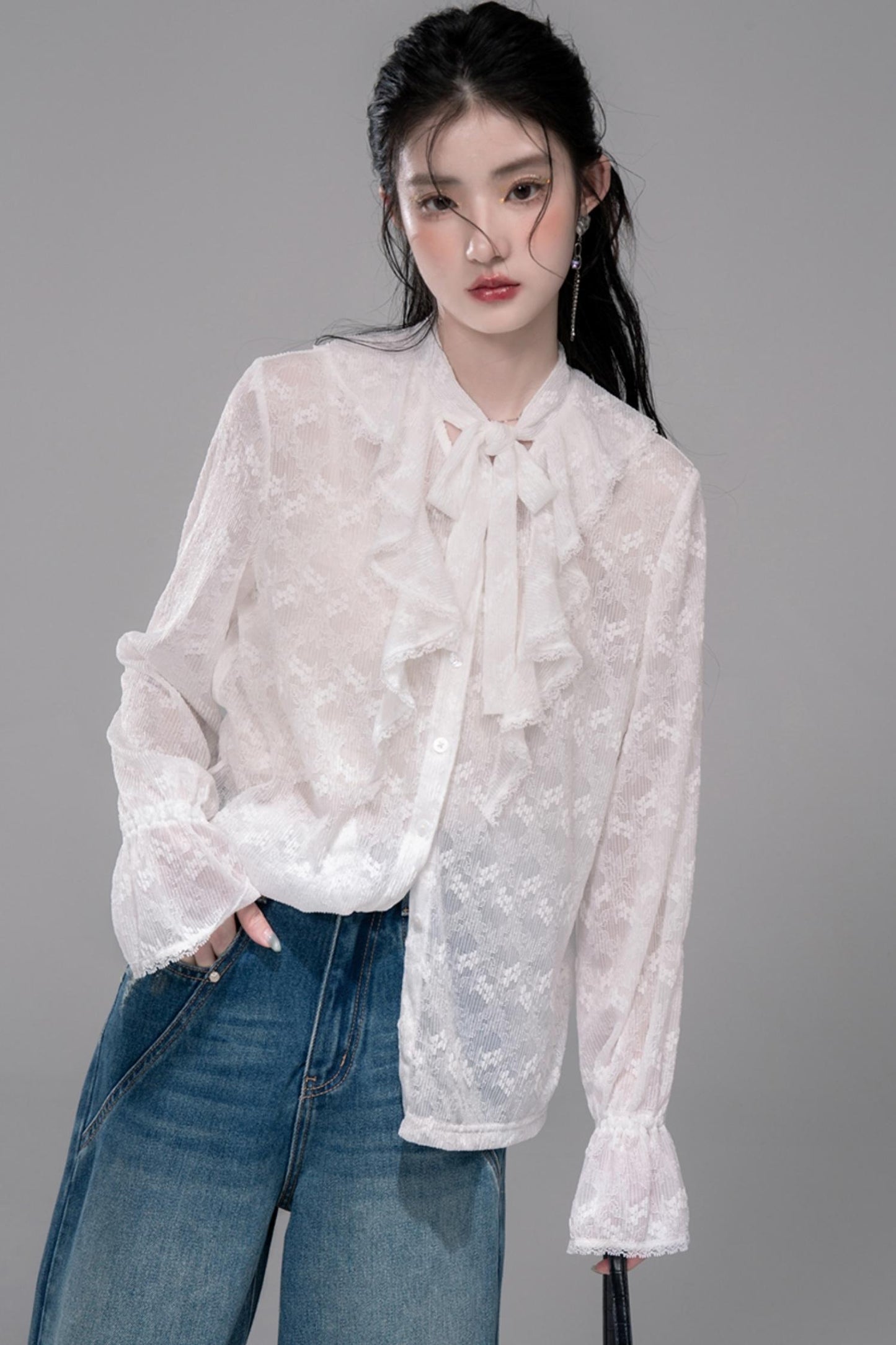 White Cloud Gauze Ruffled Shirt Set-Up