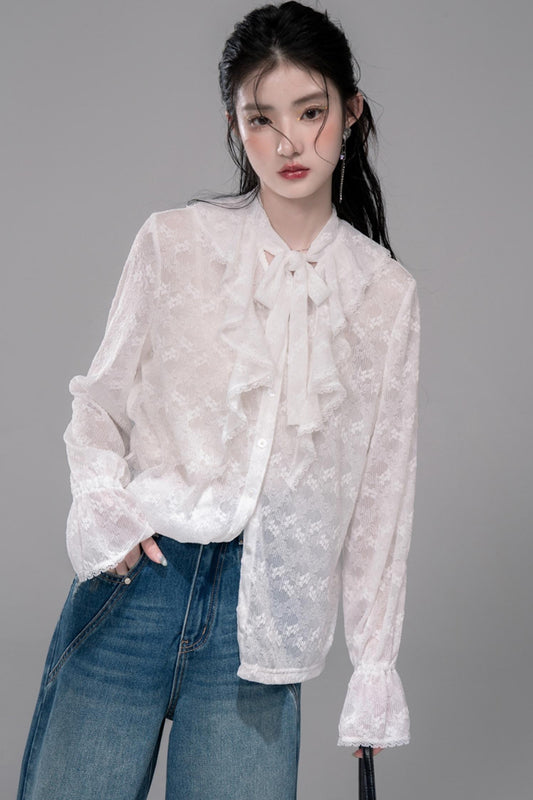 White Cloud Gauze Ruffled Shirt Set-Up