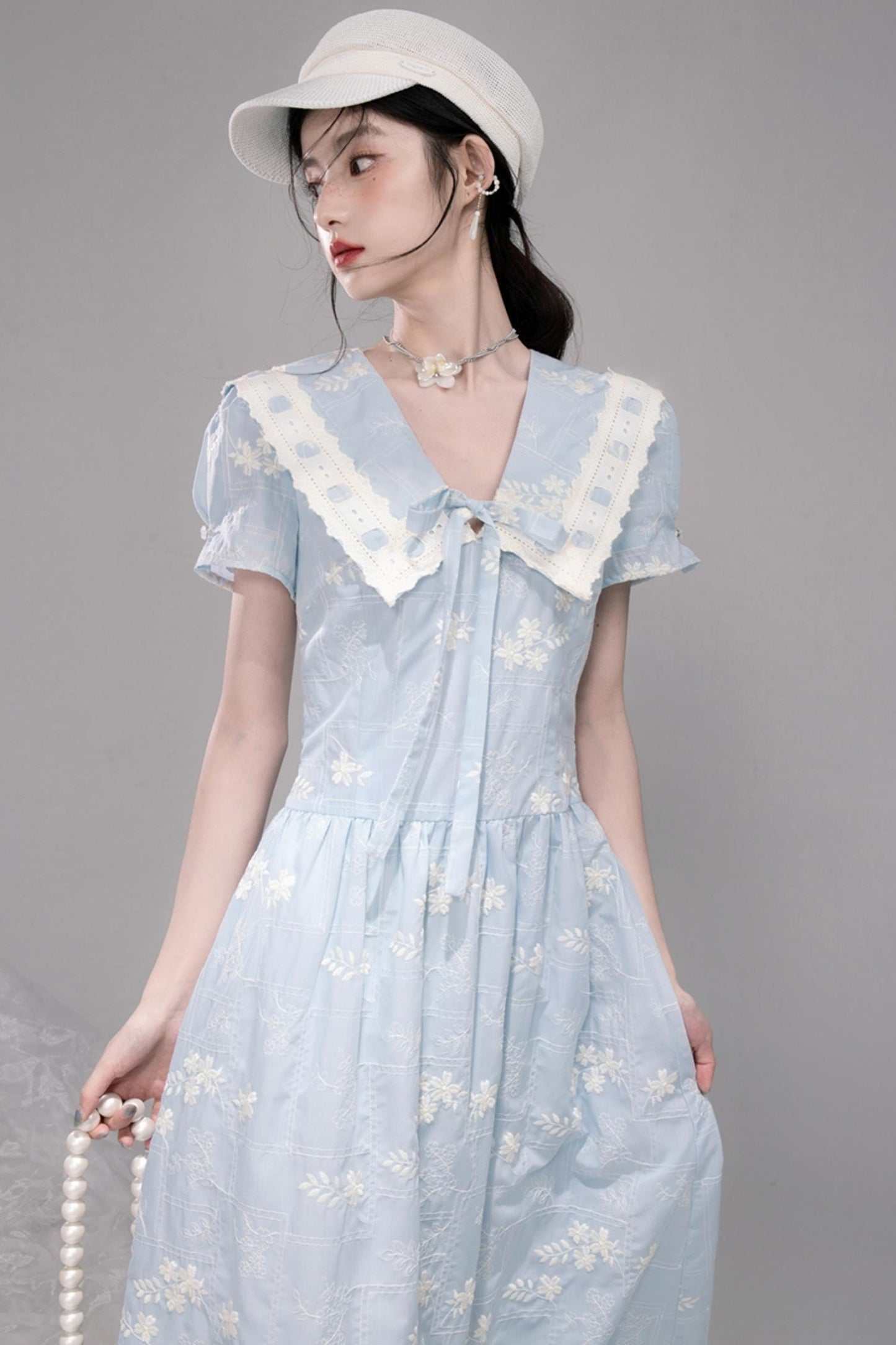 Leisurely Blue Lace Short Sleeve Dress