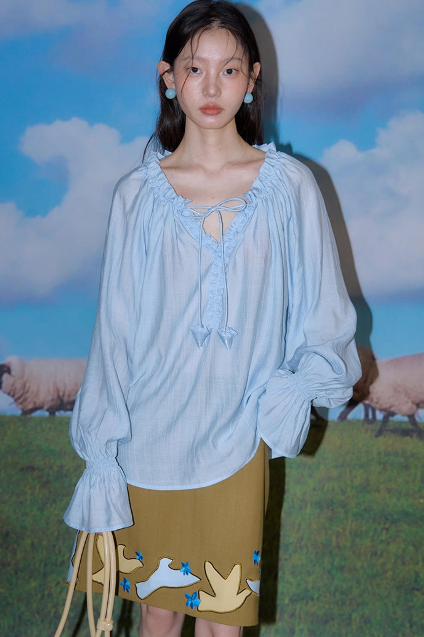 Blue Flower Fruit Ruffle V-Neck Shirt