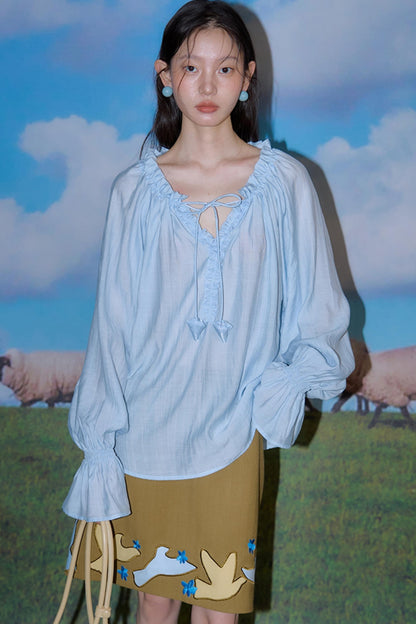 Blue Flower Fruit Ruffle V-Neck Shirt