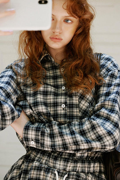 Check Embroidered Sleeve Shirt Dress