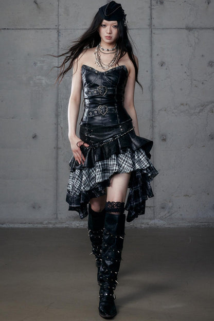 Dark Retro Plaid Leather Skirt