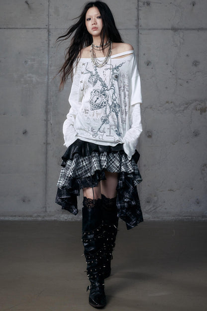 Dark Retro Plaid Leather Skirt