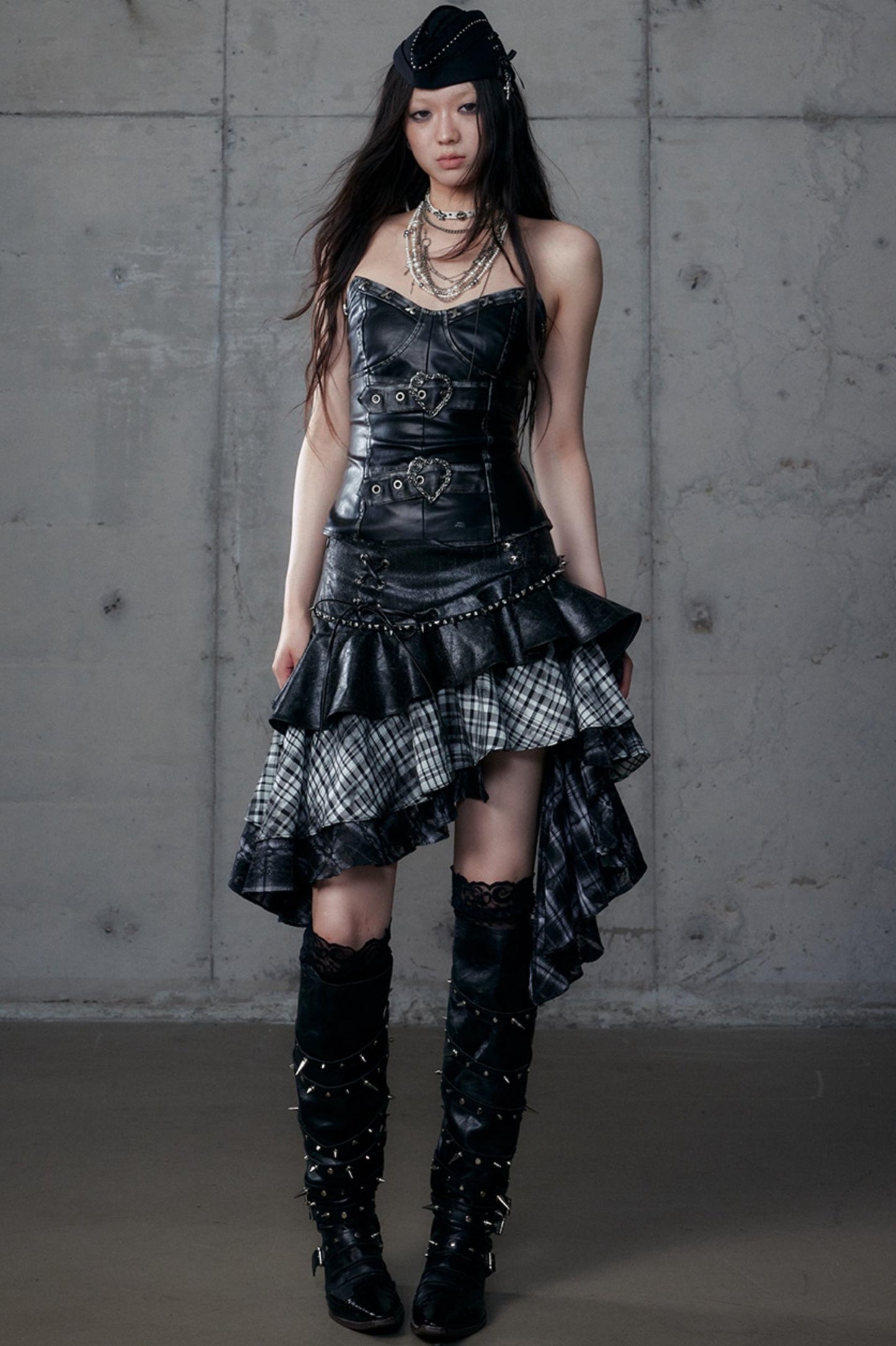 Dark Retro Plaid Leather Skirt