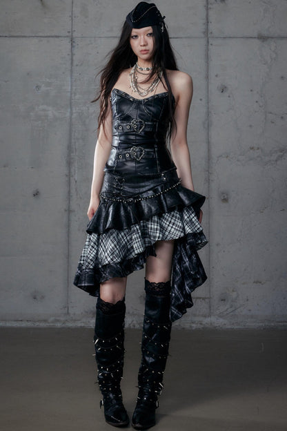 Dark Retro Plaid Leather Skirt