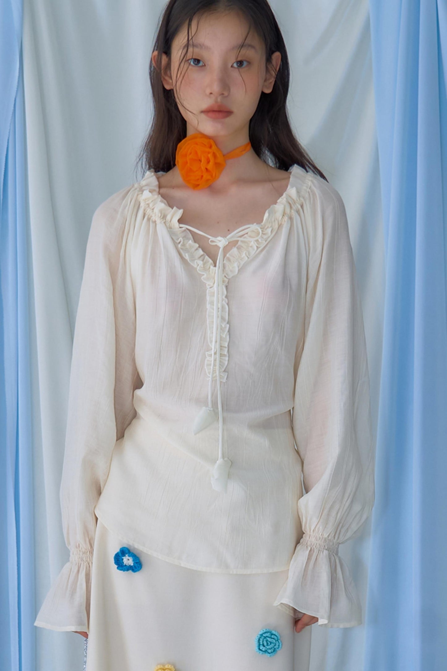 Blue Flower Fruit Ruffle V-Neck Shirt