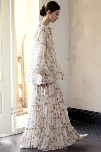 Romantic Ethnic Printed V-Neck Pullover Shirt