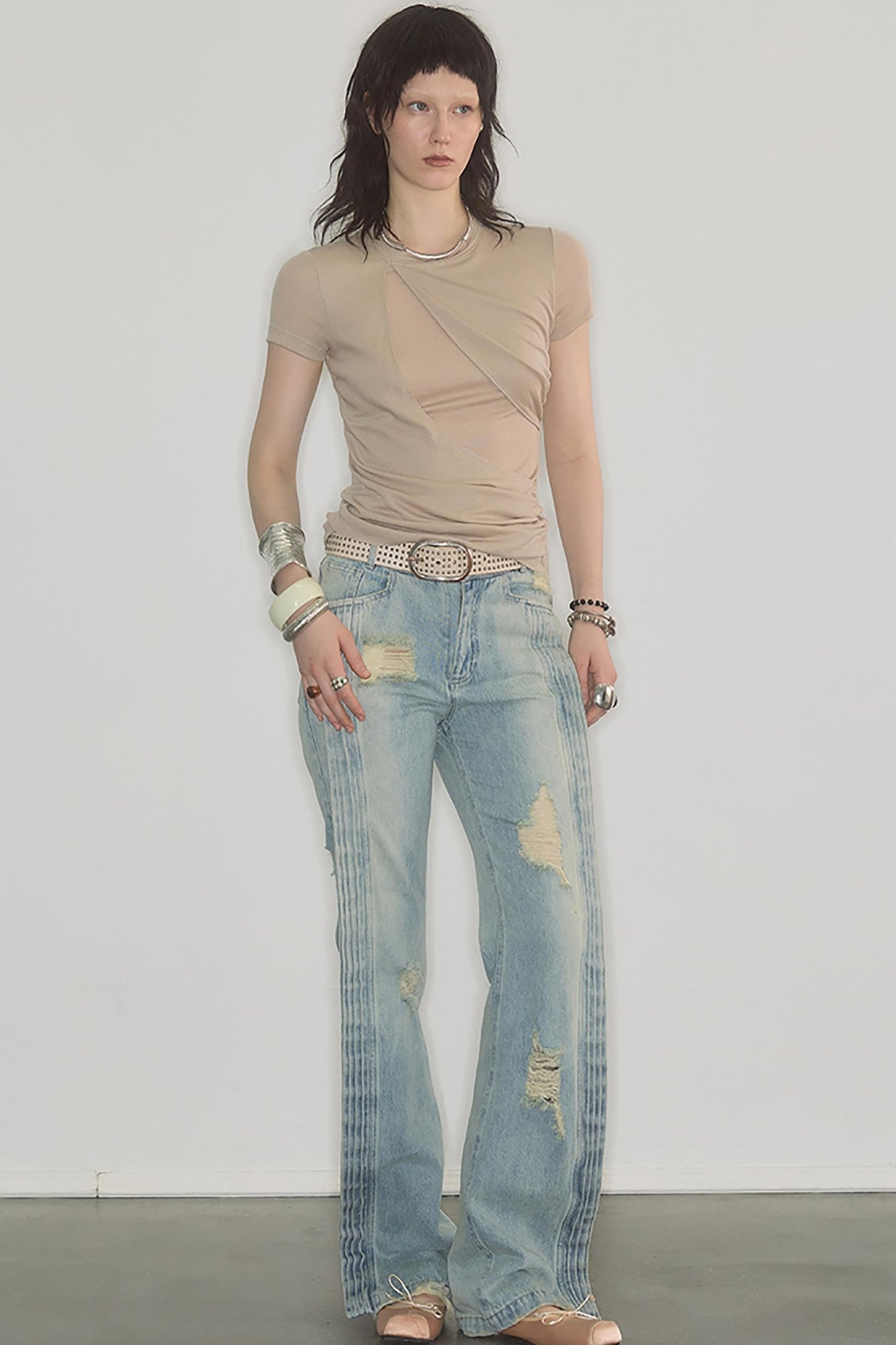 Irregularly Pleated Wool Stacked Top