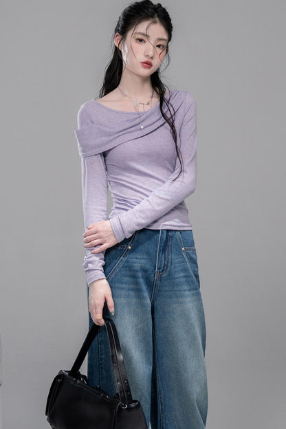 Diagonal Silhouette Long Sleeve Knit Top