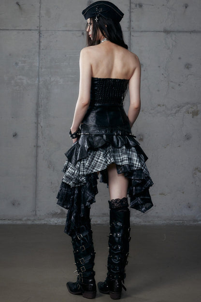 Dark Retro Plaid Leather Skirt