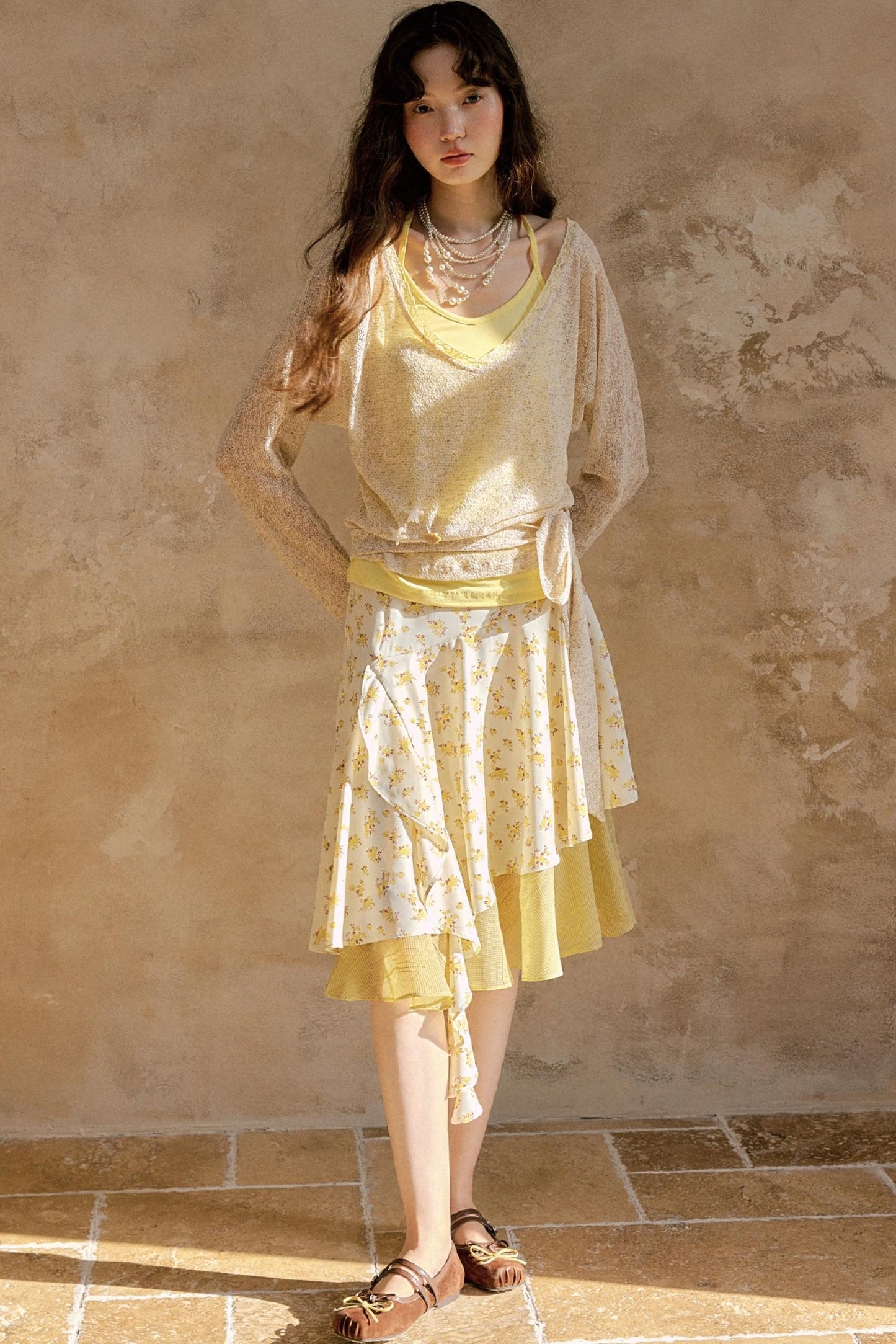 Original Brown Yellow Layered Blouse Skirt Set-Up