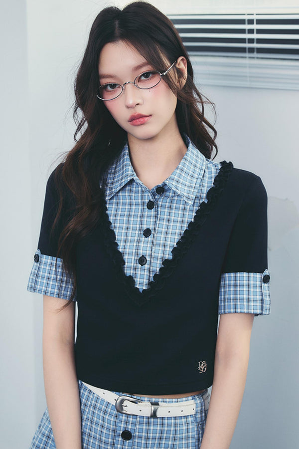 Checked Polo Shirt And Pleated Skirt Set-Up