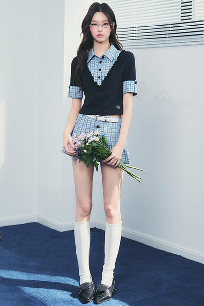 Checked Polo Shirt And Pleated Skirt Set-Up