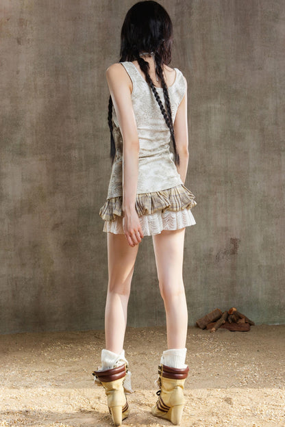 Color-Block Plaid Mini Skirt