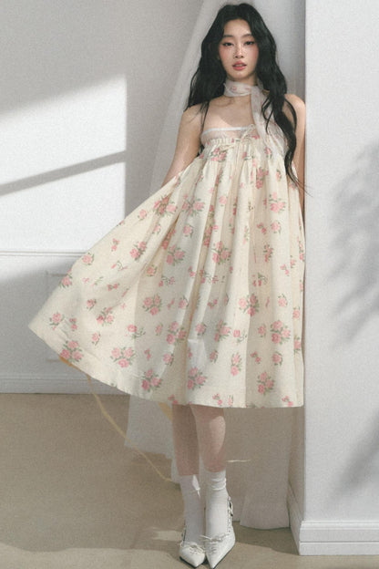 Rose Print Silk Scarf High-Waisted Chic Dress