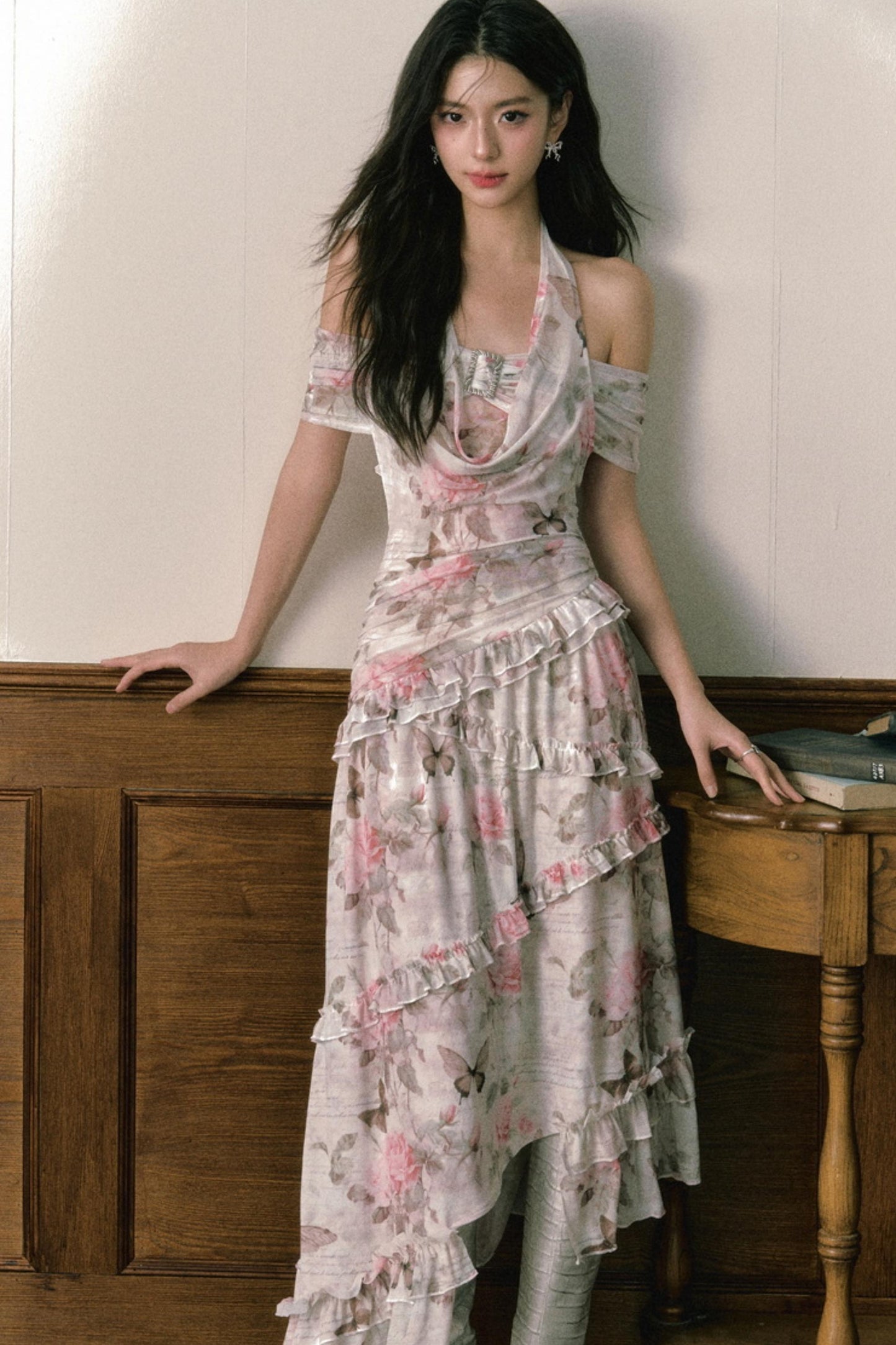 Rose Butterfly One Shoulder Mesh Dress