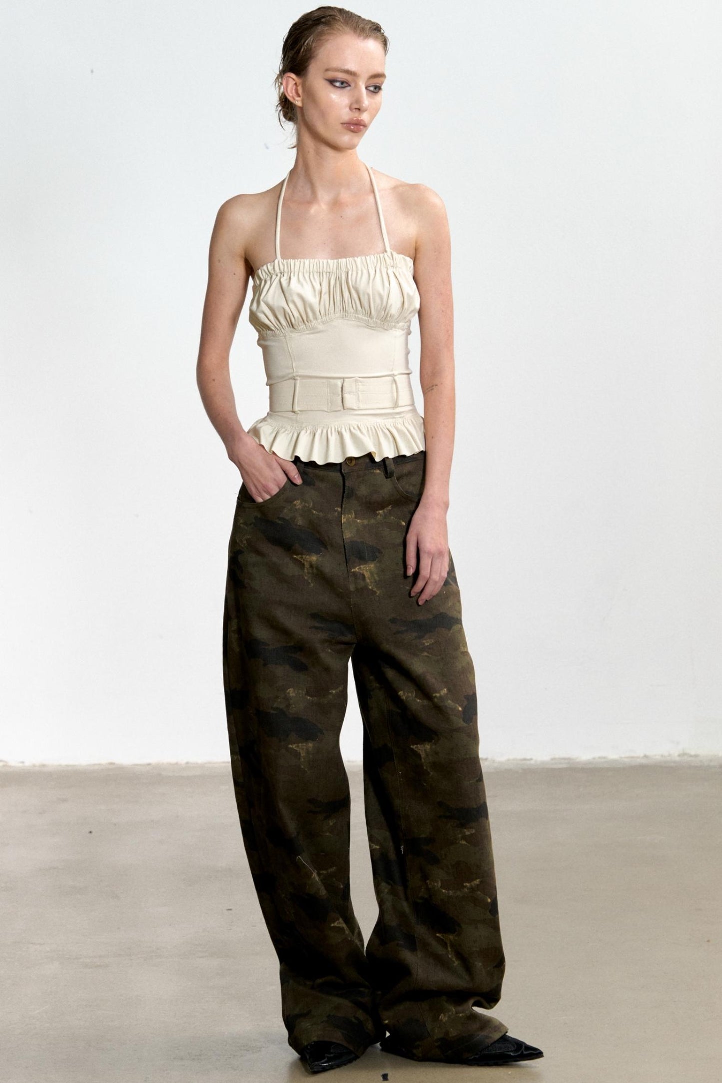 Beige Ruffled Sheath Top