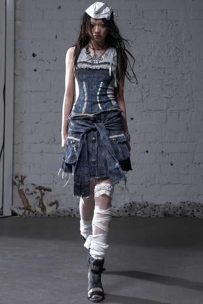 Punk Washed Denim Shirt Skirt
