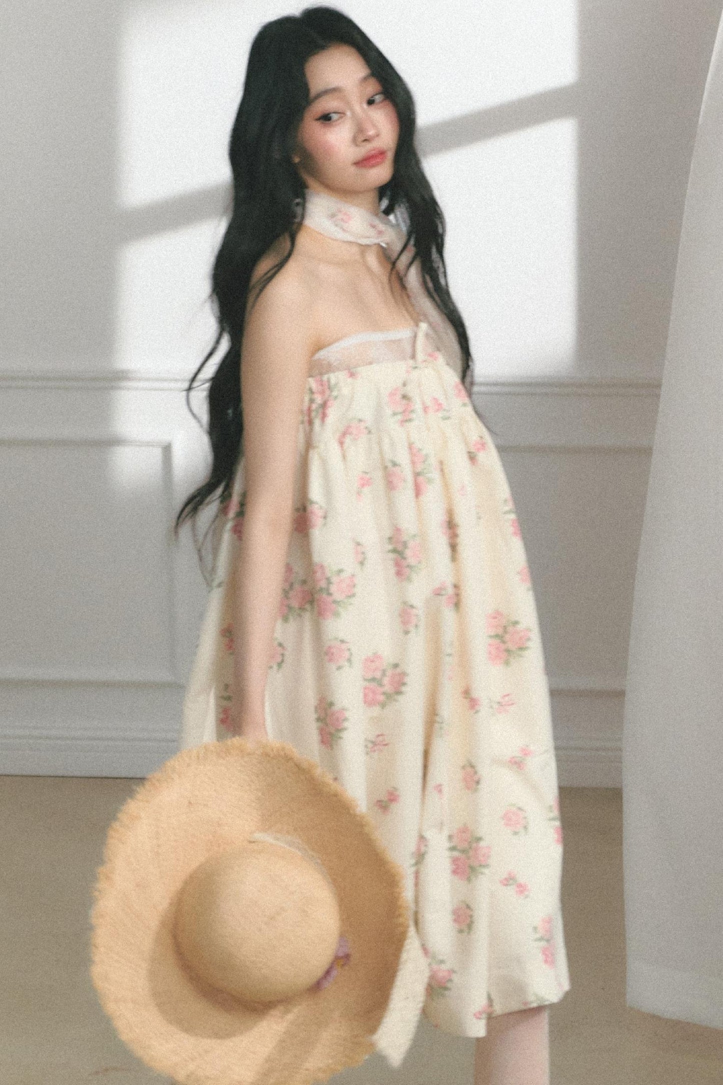 Rose Print Silk Scarf High-Waisted Chic Dress