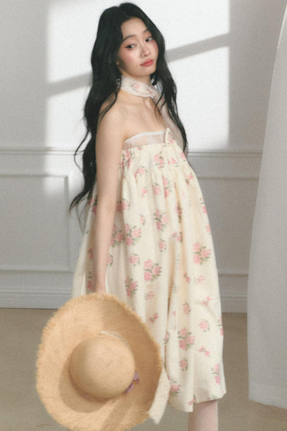 Rose Print Silk Scarf High-Waisted Chic Dress