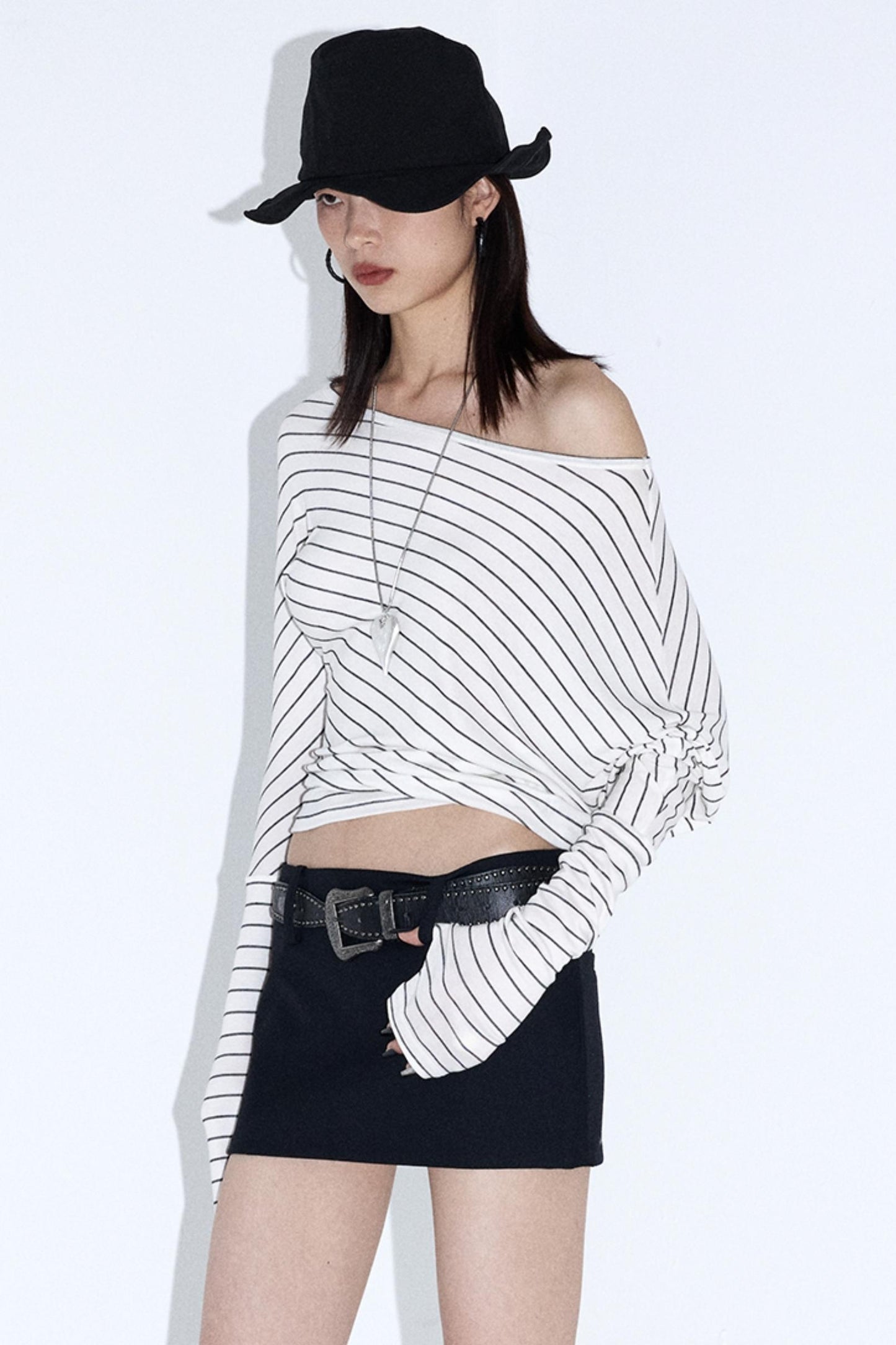 Off-Shoulder Striped Pleated Top