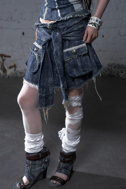 Punk Washed Denim Shirt Skirt