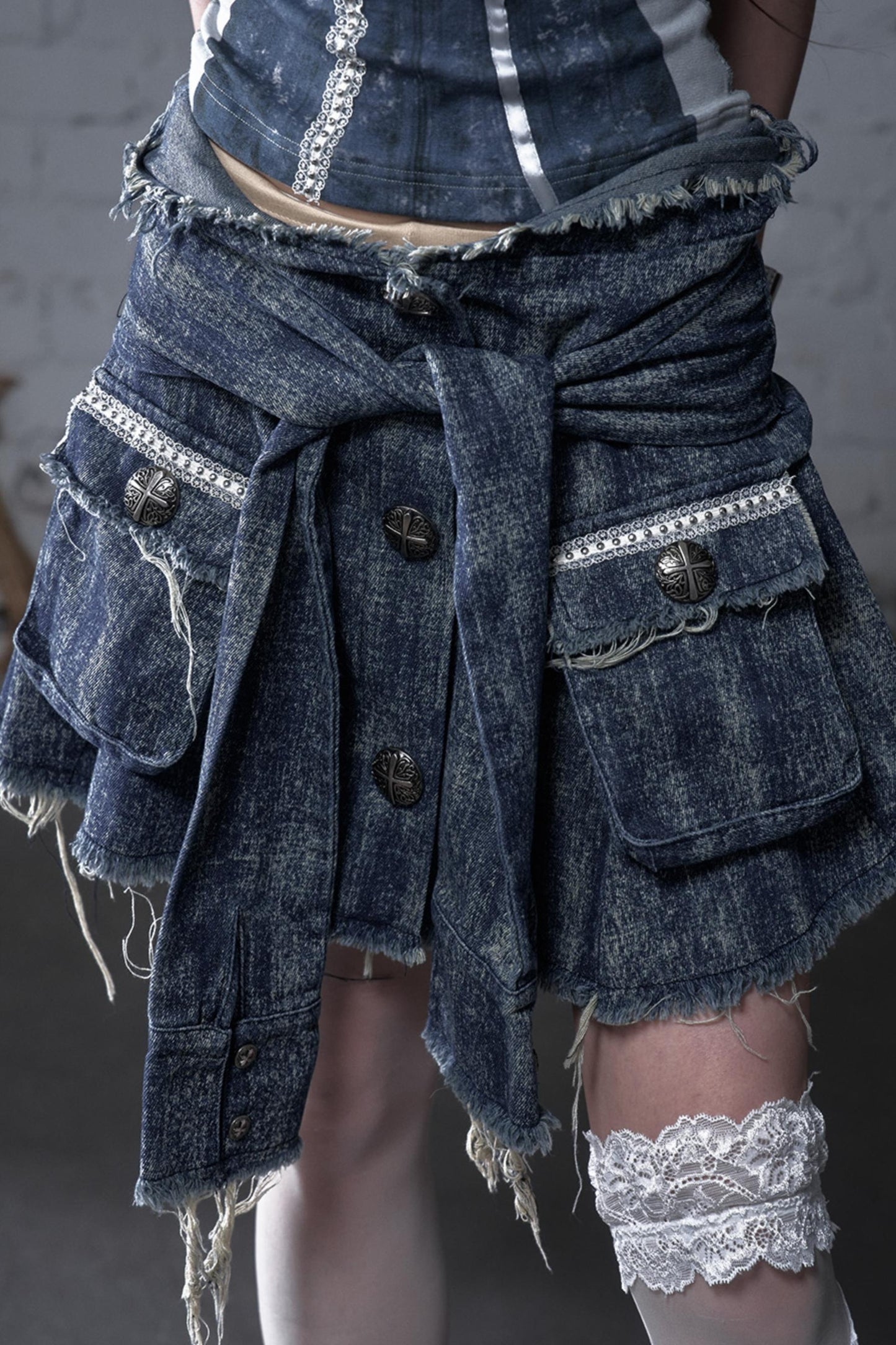 Punk Washed Denim Shirt Skirt