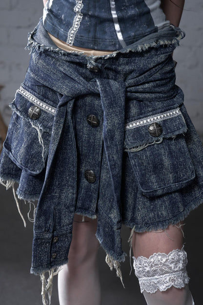Punk Washed Denim Shirt Skirt