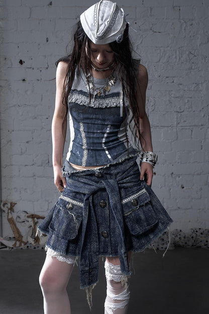 Punk Washed Denim Shirt Skirt