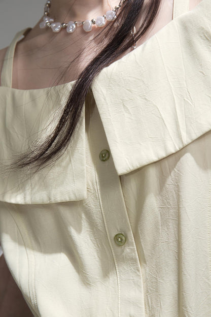 Layered Green Cutout Shirt & Pleat Shorts Set