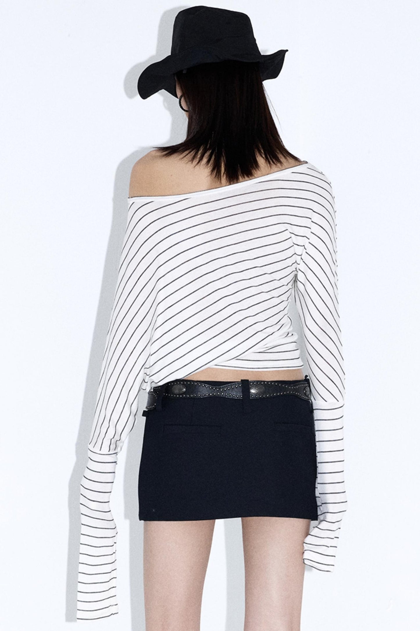 Off-Shoulder Striped Pleated Top