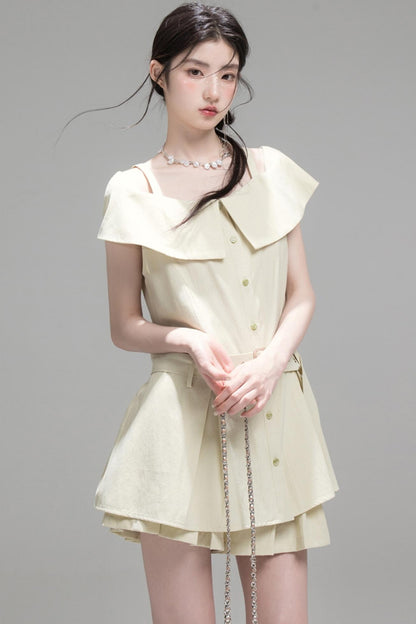 Layered Green Cutout Shirt & Pleat Shorts Set