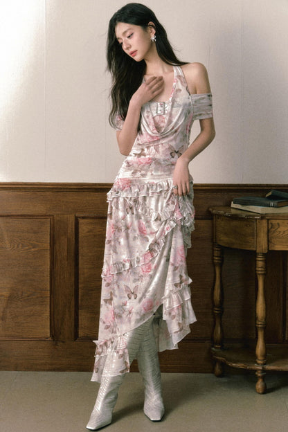 Rose Butterfly One Shoulder Mesh Dress