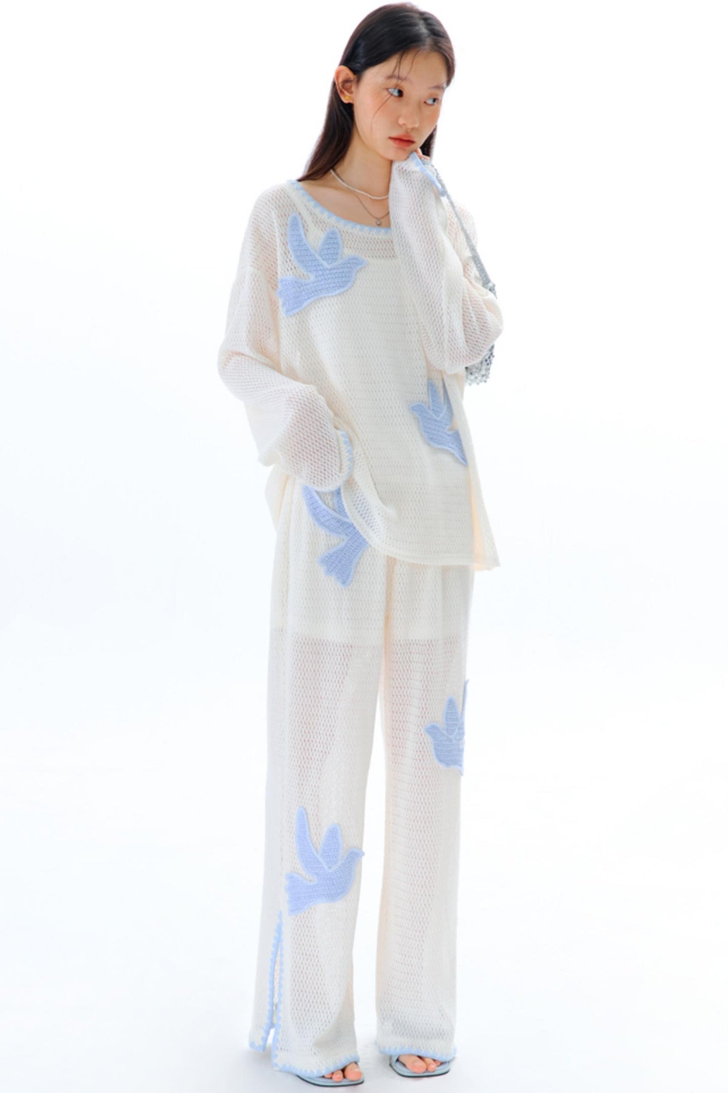 Sun Bird Embroidery Loose Knit Trousers