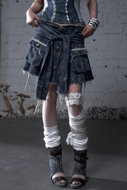 Punk Washed Denim Shirt Skirt