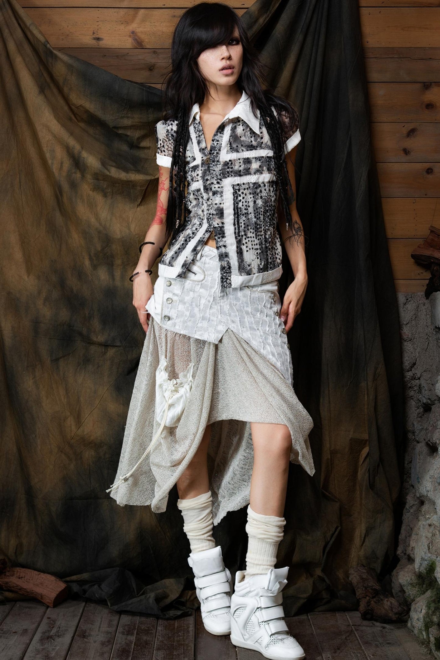 Vintage Patchwork Mesh Maxi Skirt