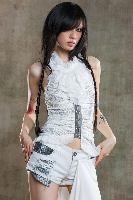 Necklace Accessory Multi-Ruched Lace Halter Top Set