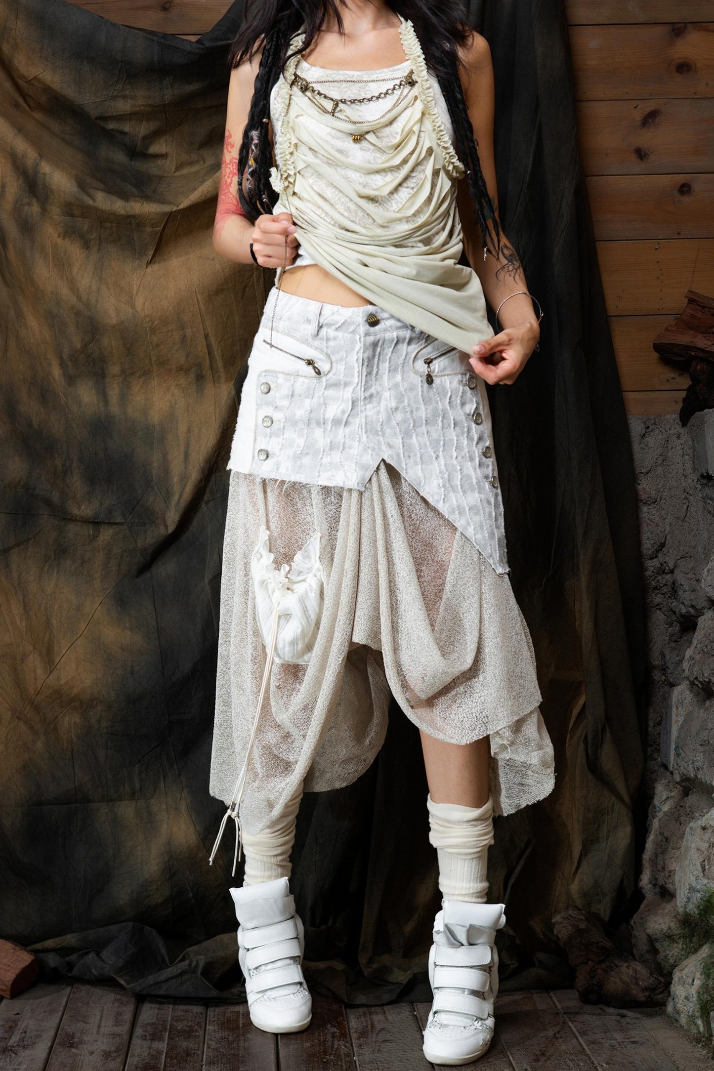 Vintage Patchwork Mesh Maxi Skirt