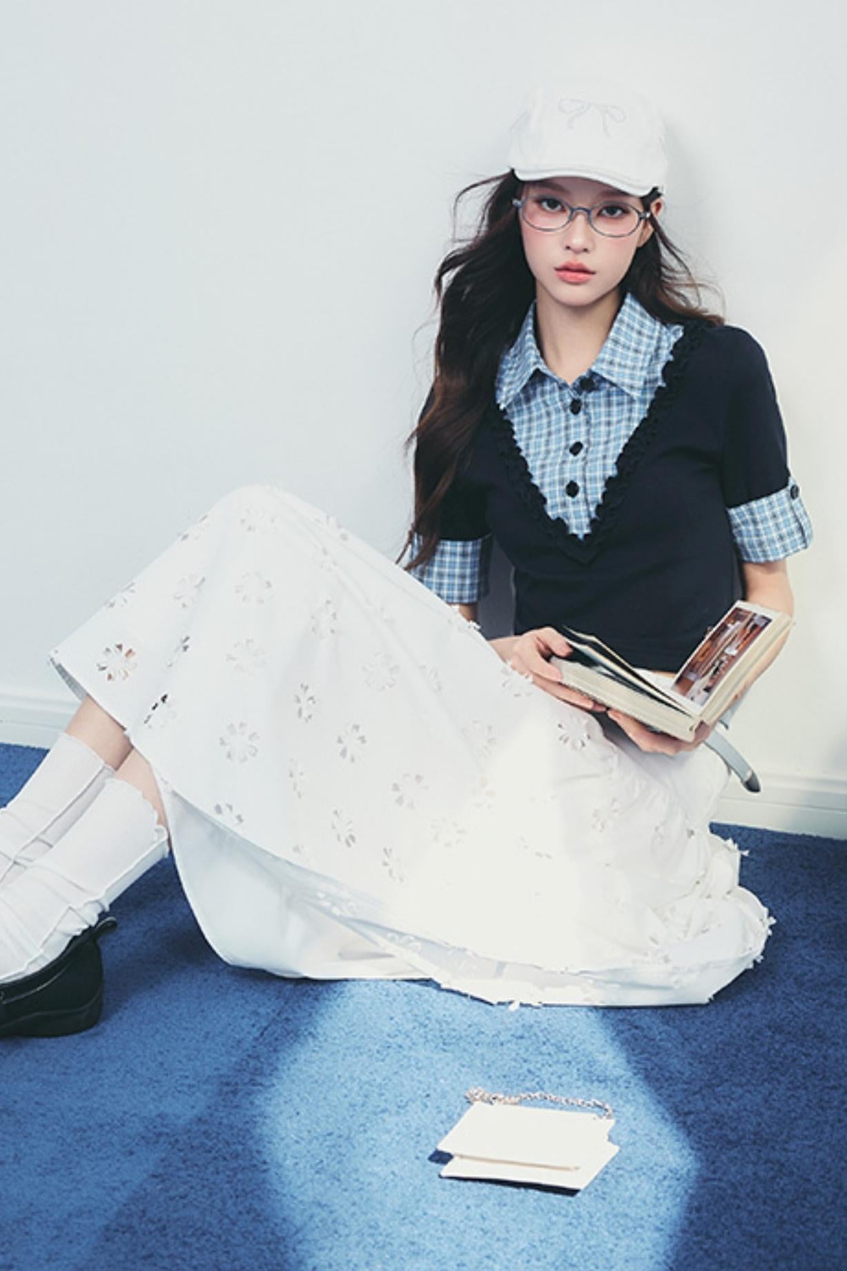 Checked Polo Shirt And Pleated Skirt Set-Up