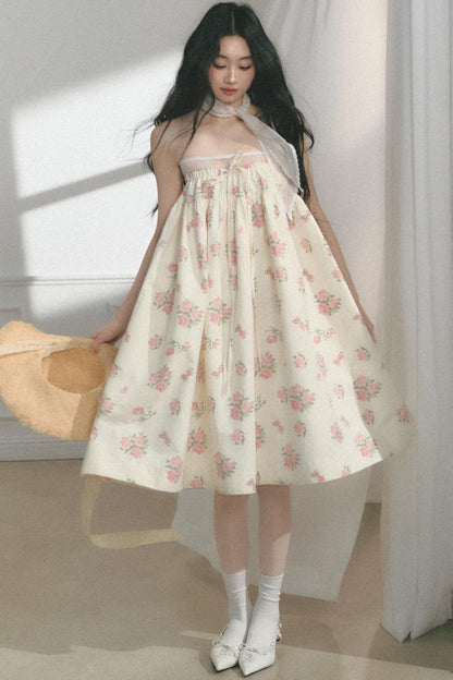 Rose Print Silk Scarf High-Waisted Chic Dress