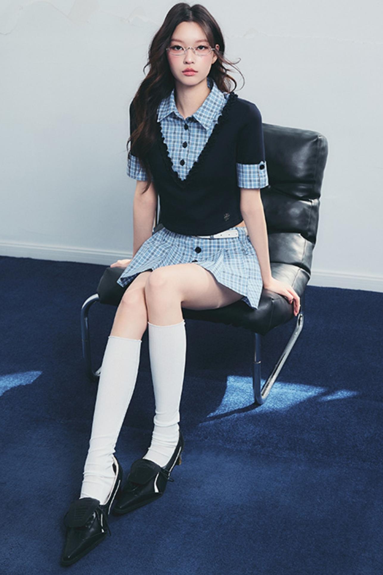 Checked Polo Shirt And Pleated Skirt Set-Up