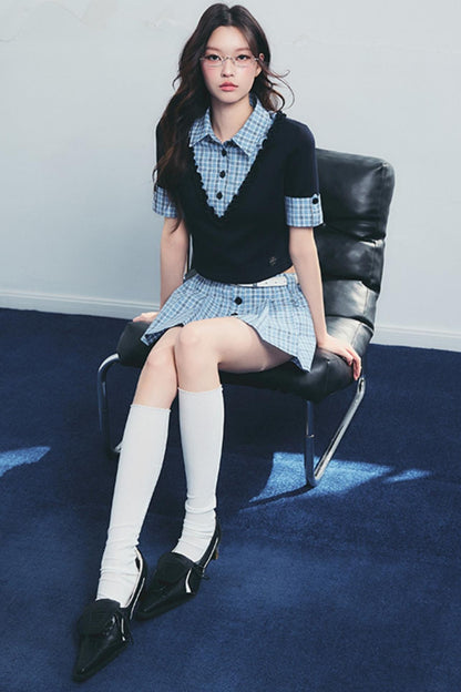 Checked Polo Shirt And Pleated Skirt Set-Up
