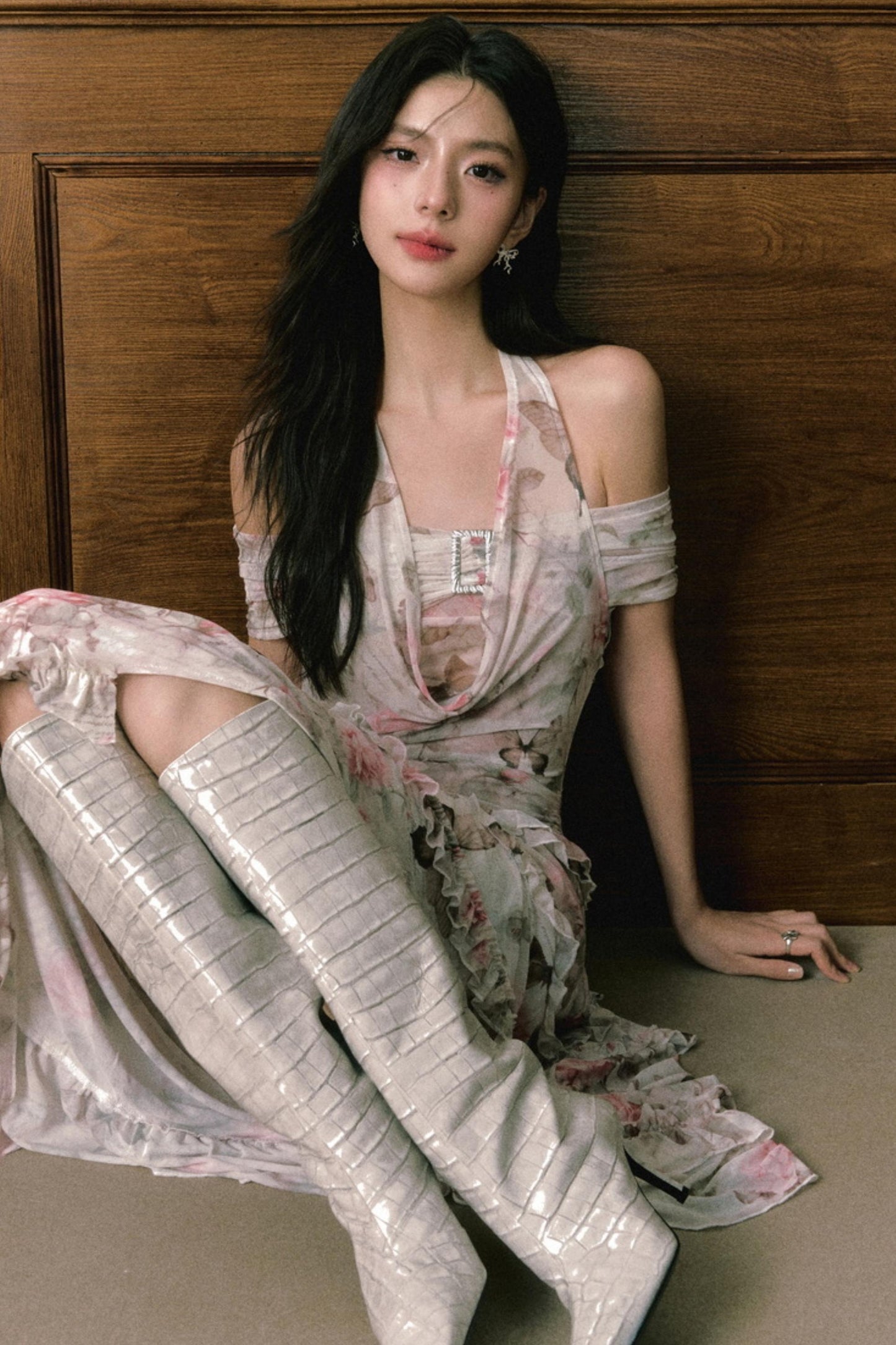 Rose Butterfly One Shoulder Mesh Dress